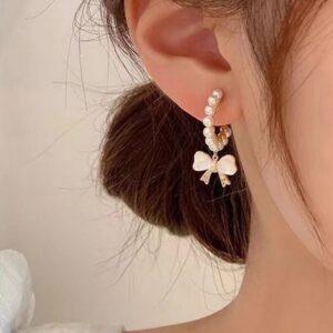 Faux-Pearl-Bow-Decor-Drop-Earrings