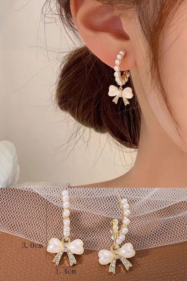 Faux-Pearl-Bow-Decor-Drop-Earrings - Image 2